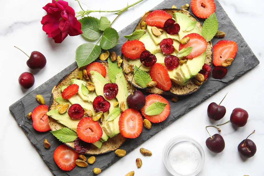 The Rogue Brussel Sprout: Cherry Strawberry Avocado Corn Tortilla Toast