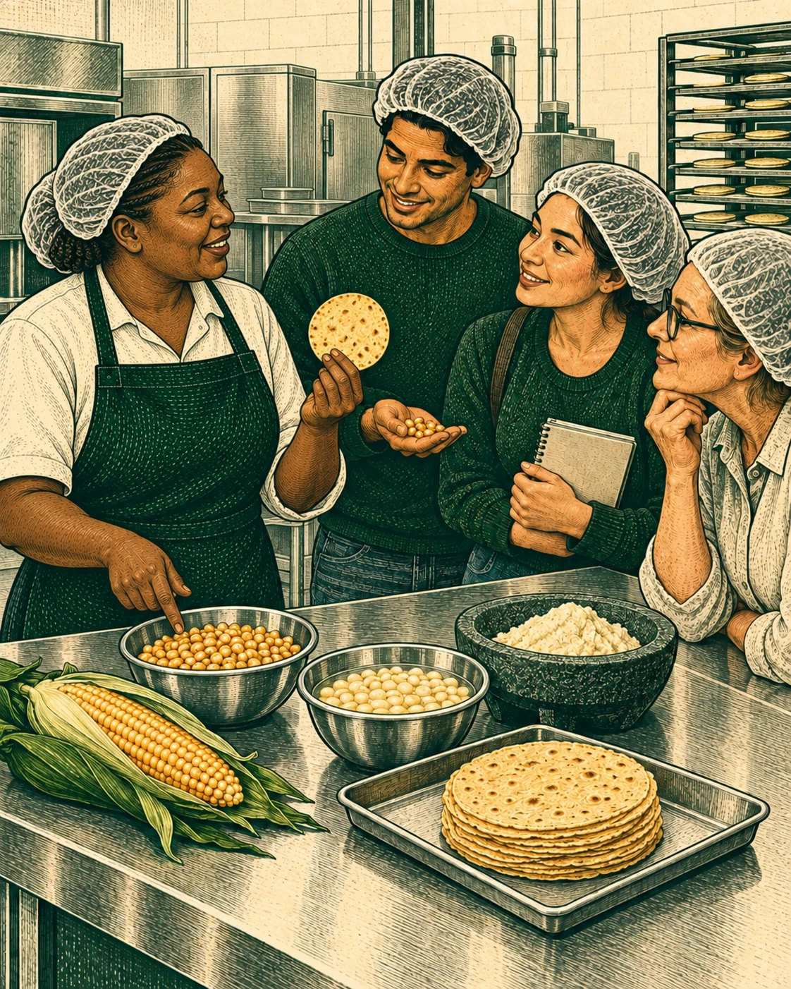Illustration of a guide showing visitors whole corn, masa and tortillas during a factory tour