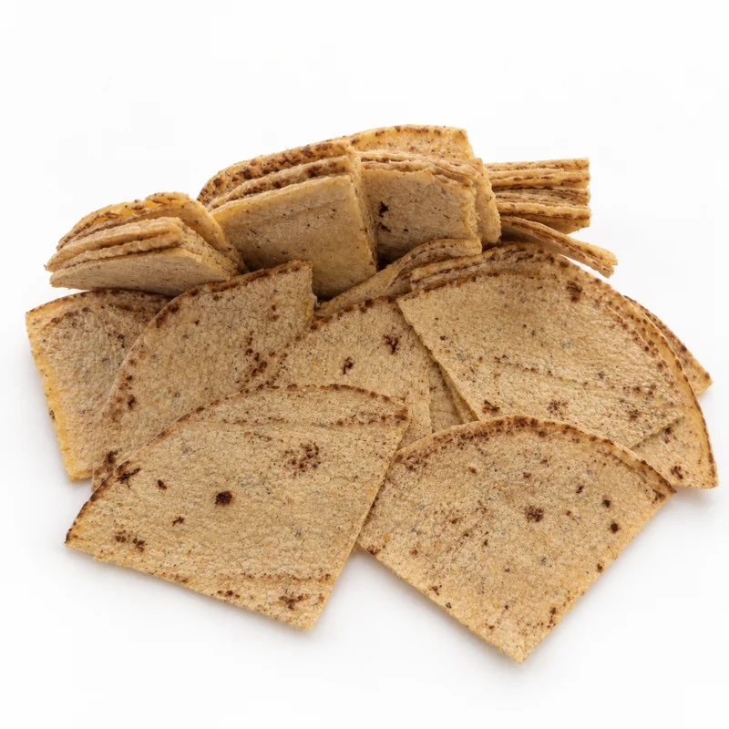 Original uncooked corn tortilla wedges arranged in a fan, with stacked pieces behind