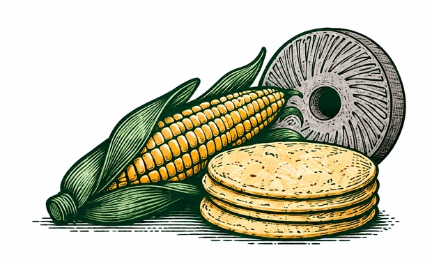 Engraved ear of corn, three tortillas and an upright gray millstone with a center hole and grinding grooves