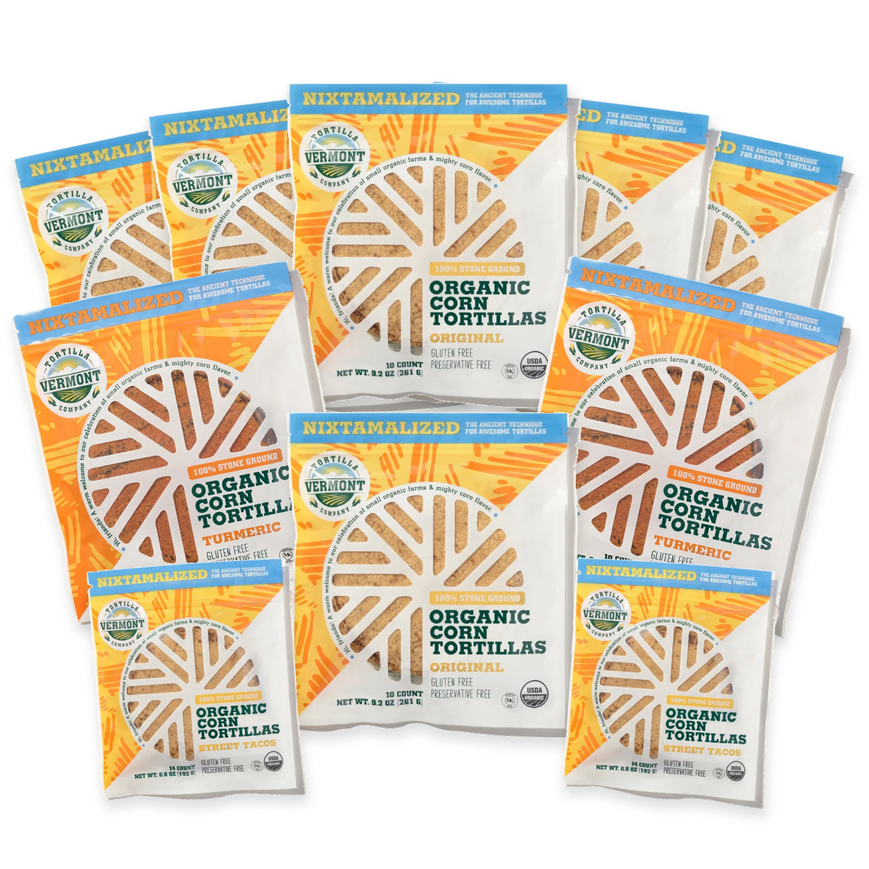 Six Original, two Street Taco and two Turmeric tortilla packs