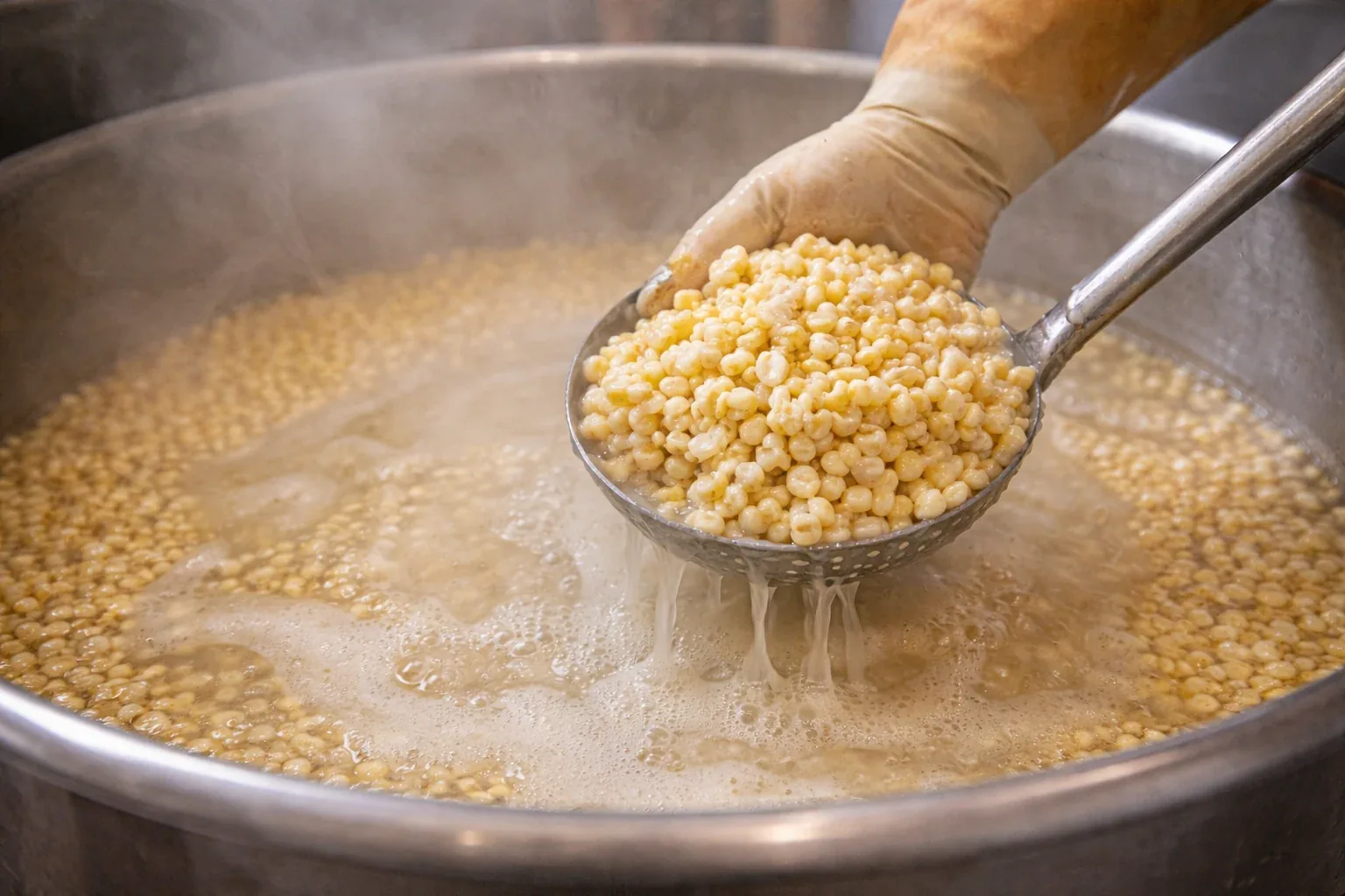 A metal ladle lifting corn kernels from a steaming pot.