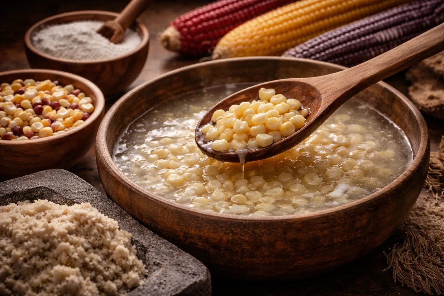 A wooden spoon lifting nixtamalized corn from a bowl, beside whole corn and masa.