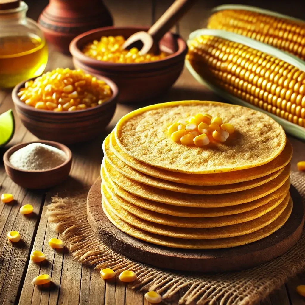A stack of golden corn tortillas surrounded by corn and ingredients.