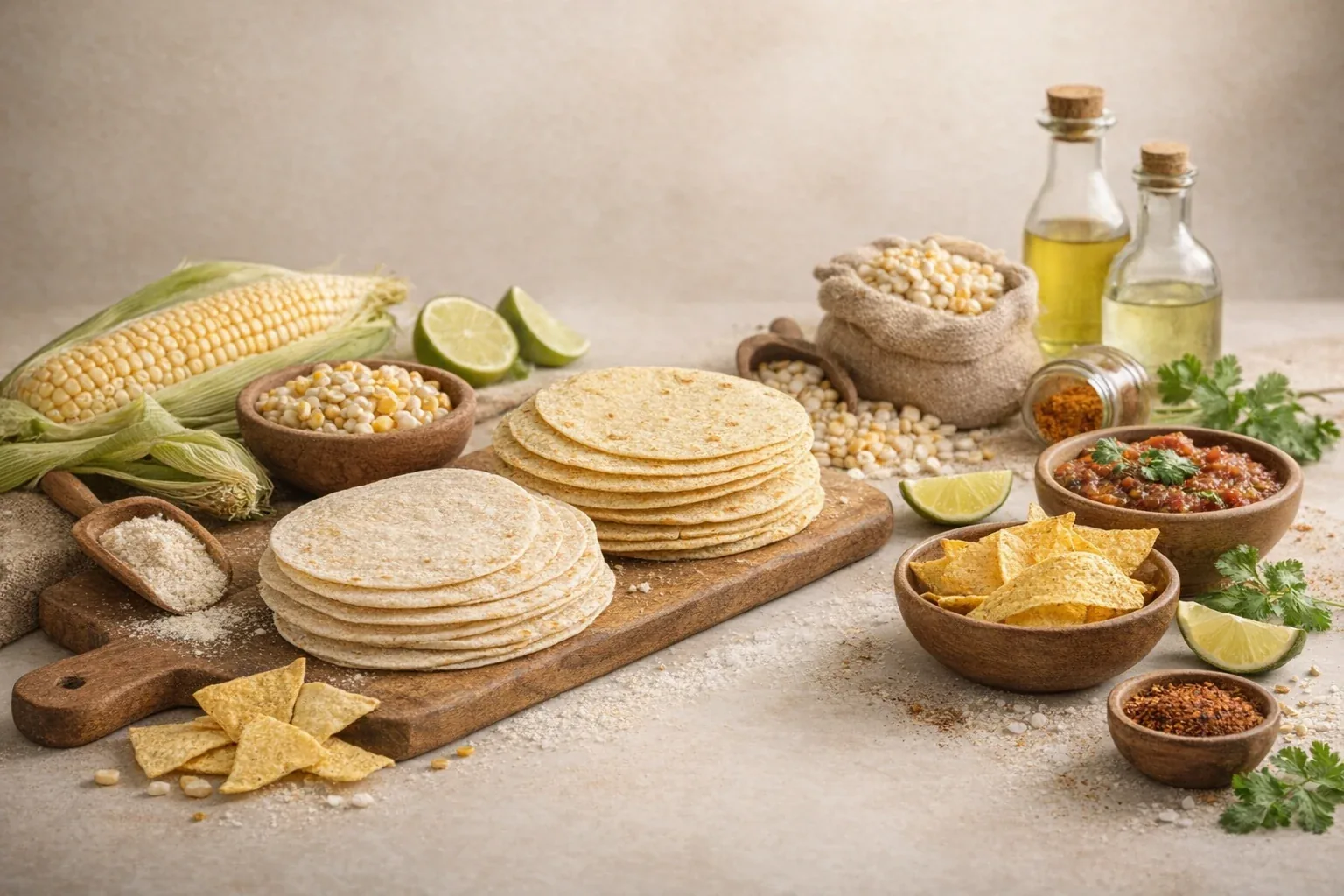 Corn tortillas, corn, masa, and fresh ingredients arranged on a kitchen counter.