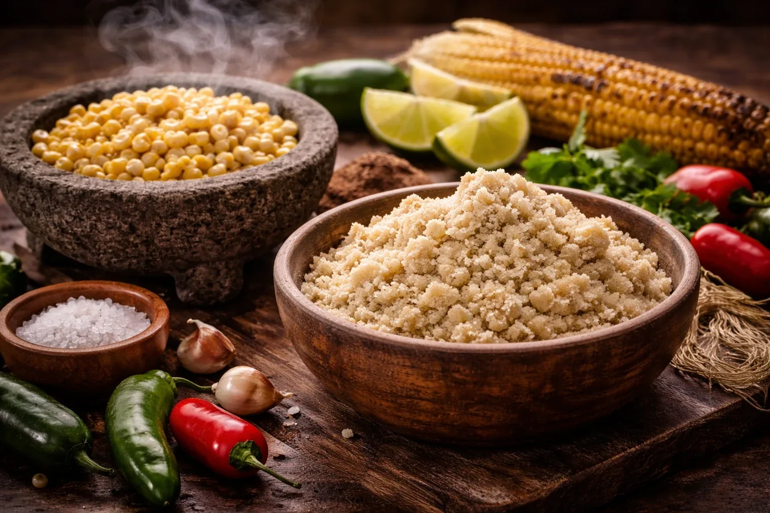 Fresh masa and nixtamalized corn in bowls beside corn, peppers, and lime wedges.