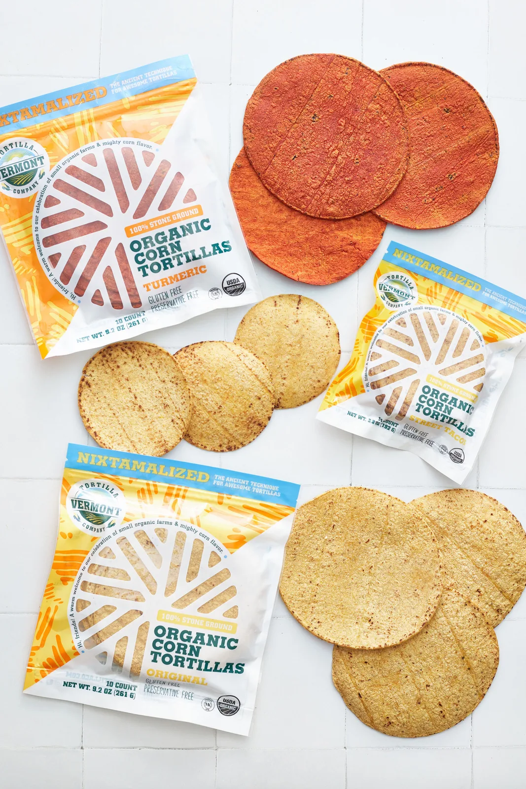Vermont Tortilla Company original, street taco, and turmeric corn tortillas with their packages