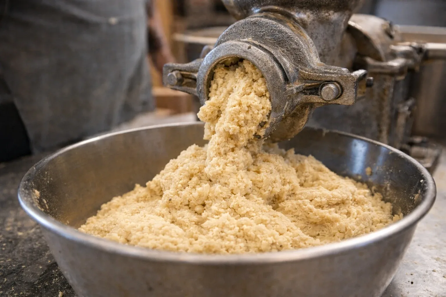 Fresh masa falling from a grinder into a metal bowl.