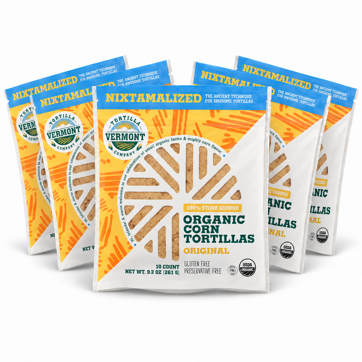 Five 10-count packs of Vermont Tortilla Company 6-inch Original tortillas arranged in a fan