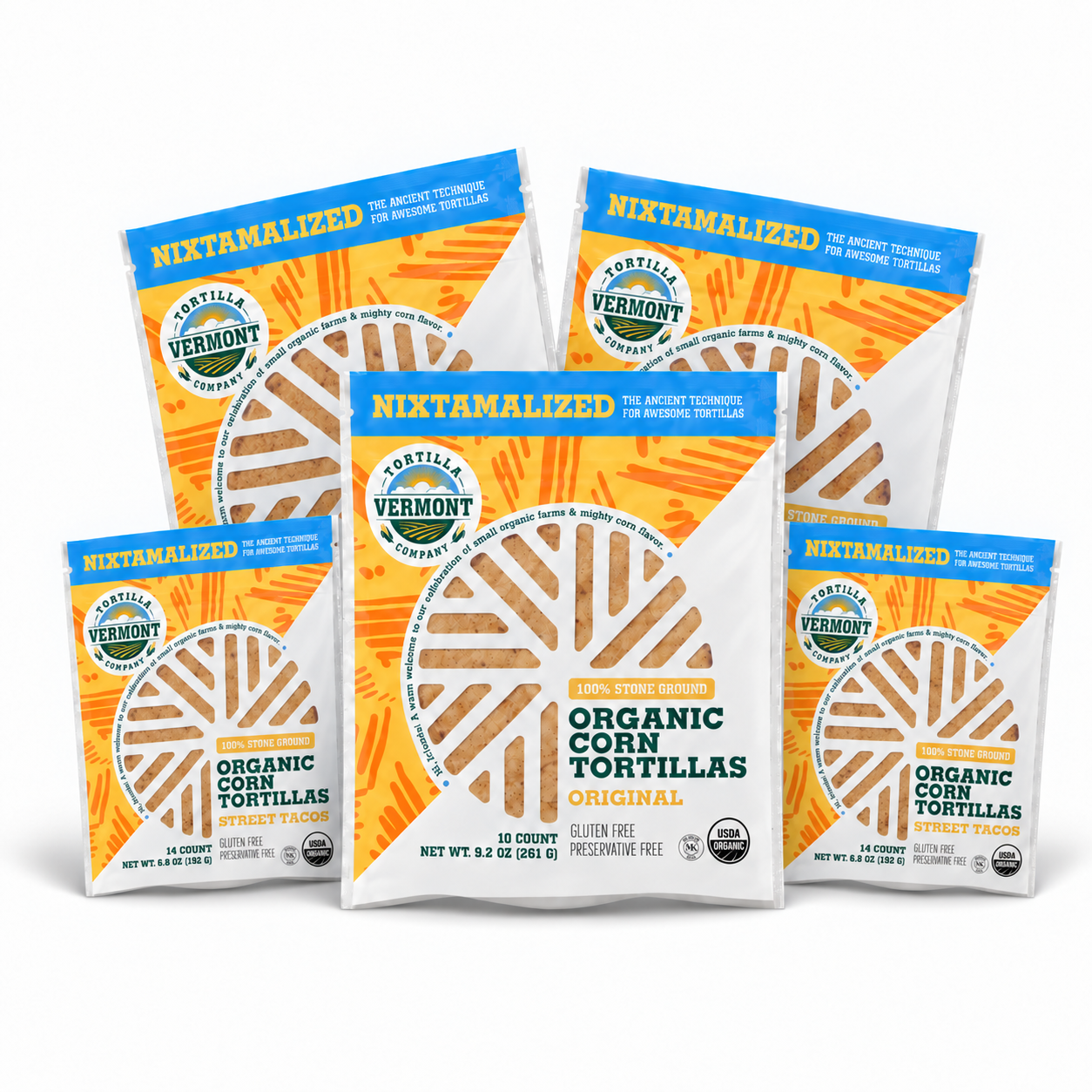 Five tortilla packs arranged in a fan: three larger Original packs and two smaller Street Taco packs