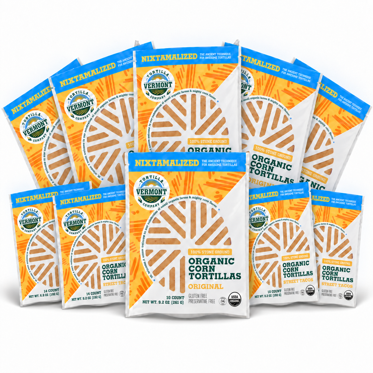 Ten tortilla packs in an overlapping fan: six Original and four smaller Street Taco packs