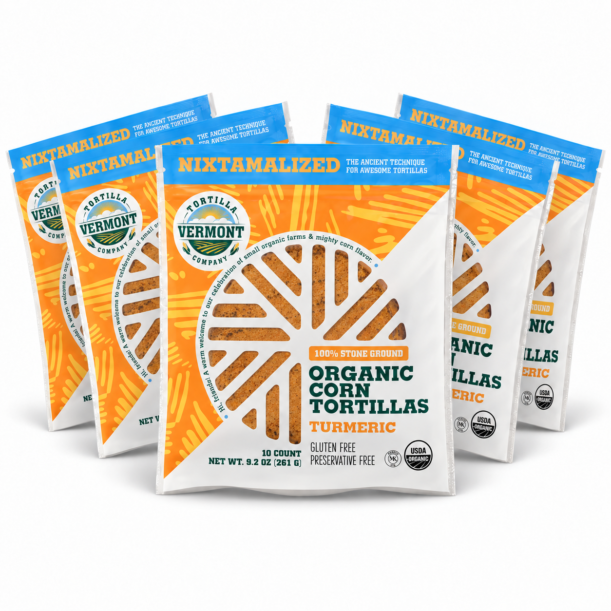 Five 10-count packs of Vermont Tortilla Company 6-inch Turmeric tortillas arranged in a fan