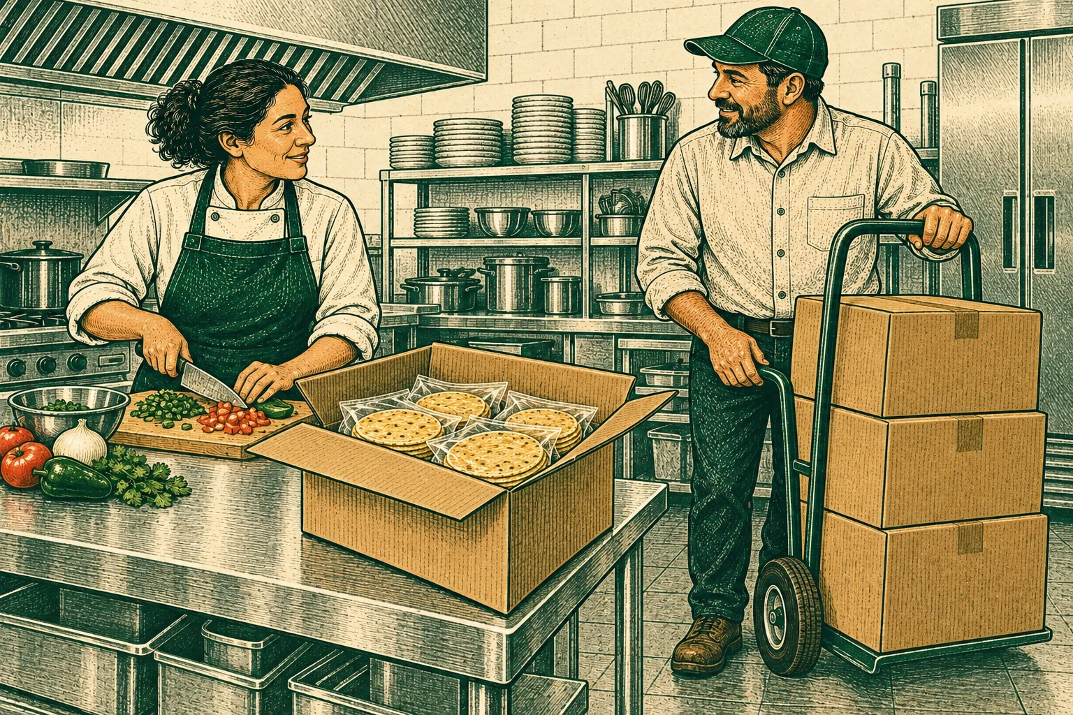 Illustration of a chef preparing food beside an open tortilla box, smiling at a supplier delivering cartons on a hand truck