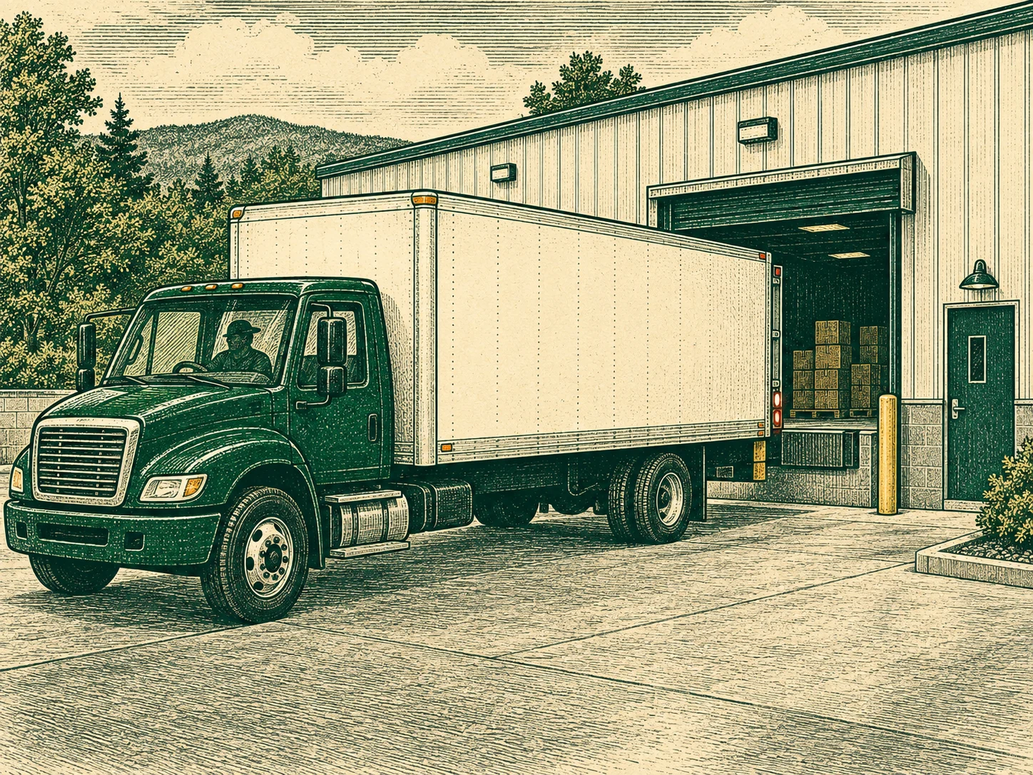 Illustration of a green delivery truck backing toward a food-production facility loading bay