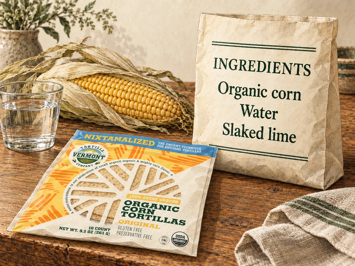Illustrated VTC Original retail pack lying flat beside corn, water, and a bag listing organic corn, water, and slaked lime.