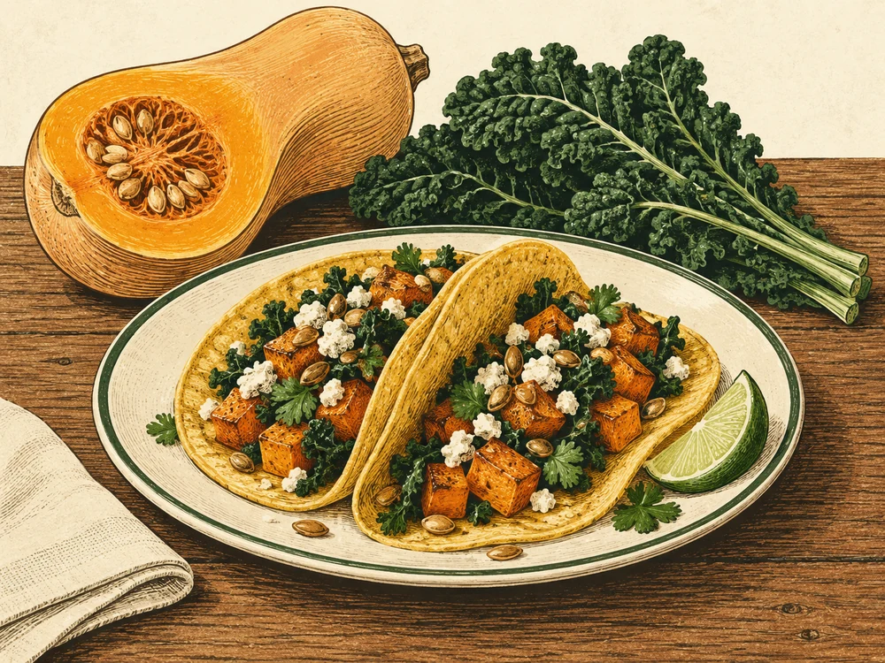 Green-and-gold illustration of soft corn tortillas filled with roasted squash, cheese, and seeds, beside a cut butternut squash and kale.