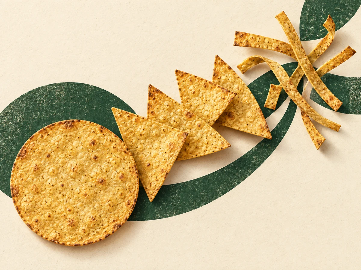 Illustration of a golden whole tostada, a fan of triangular tortilla chips, and crisp tortilla strips arranged diagonally over green curves on cream paper.