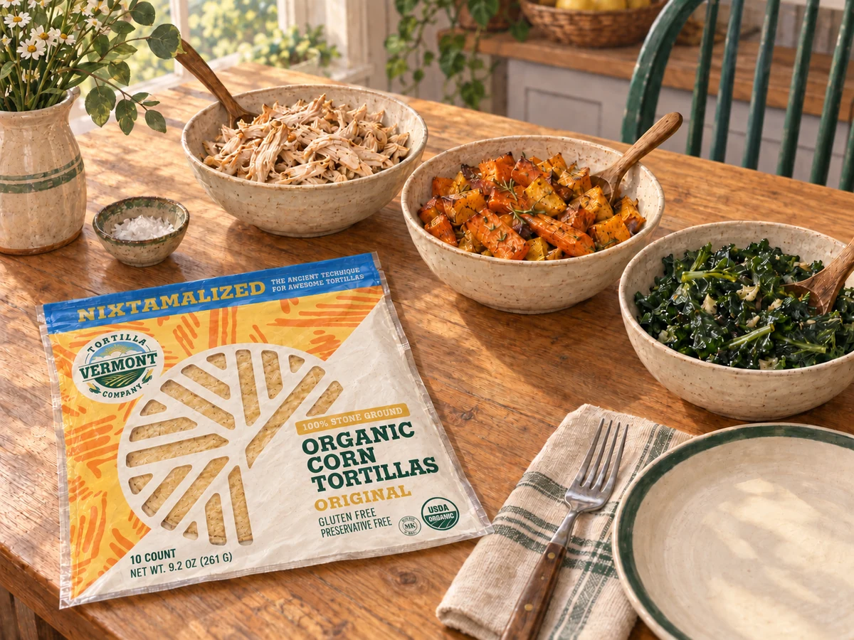 Illustration of a VTC Original tortilla pack lying flat beside separate bowls of chicken, roasted vegetables, and greens on a kitchen table.