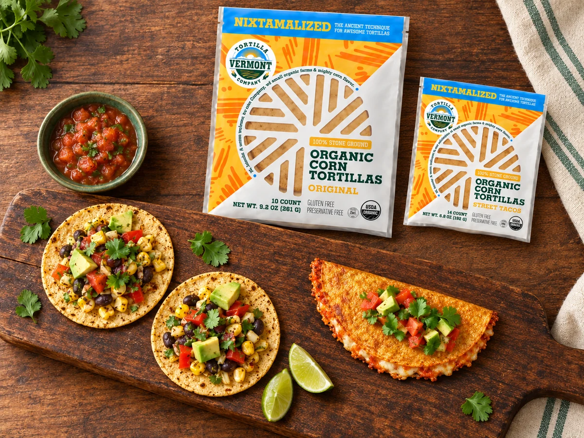 Illustration of two small vegetable tacos and a larger folded cheese quesadilla on a wooden board, with VTC Original and smaller Street Taco packs behind them.