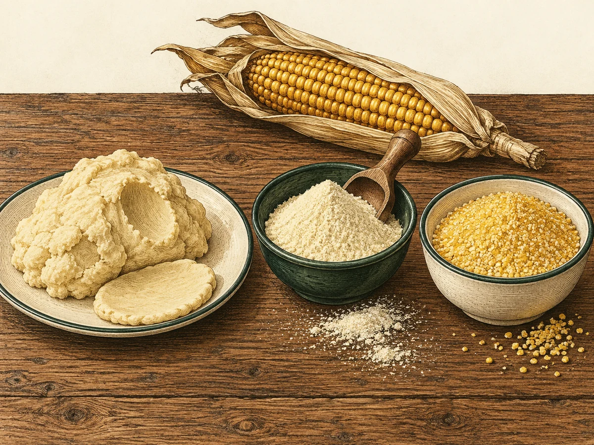 Illustration of fresh masa dough on a plate, fine masa harina in a green bowl, and coarse cornmeal in a cream bowl, with dried corn behind them.