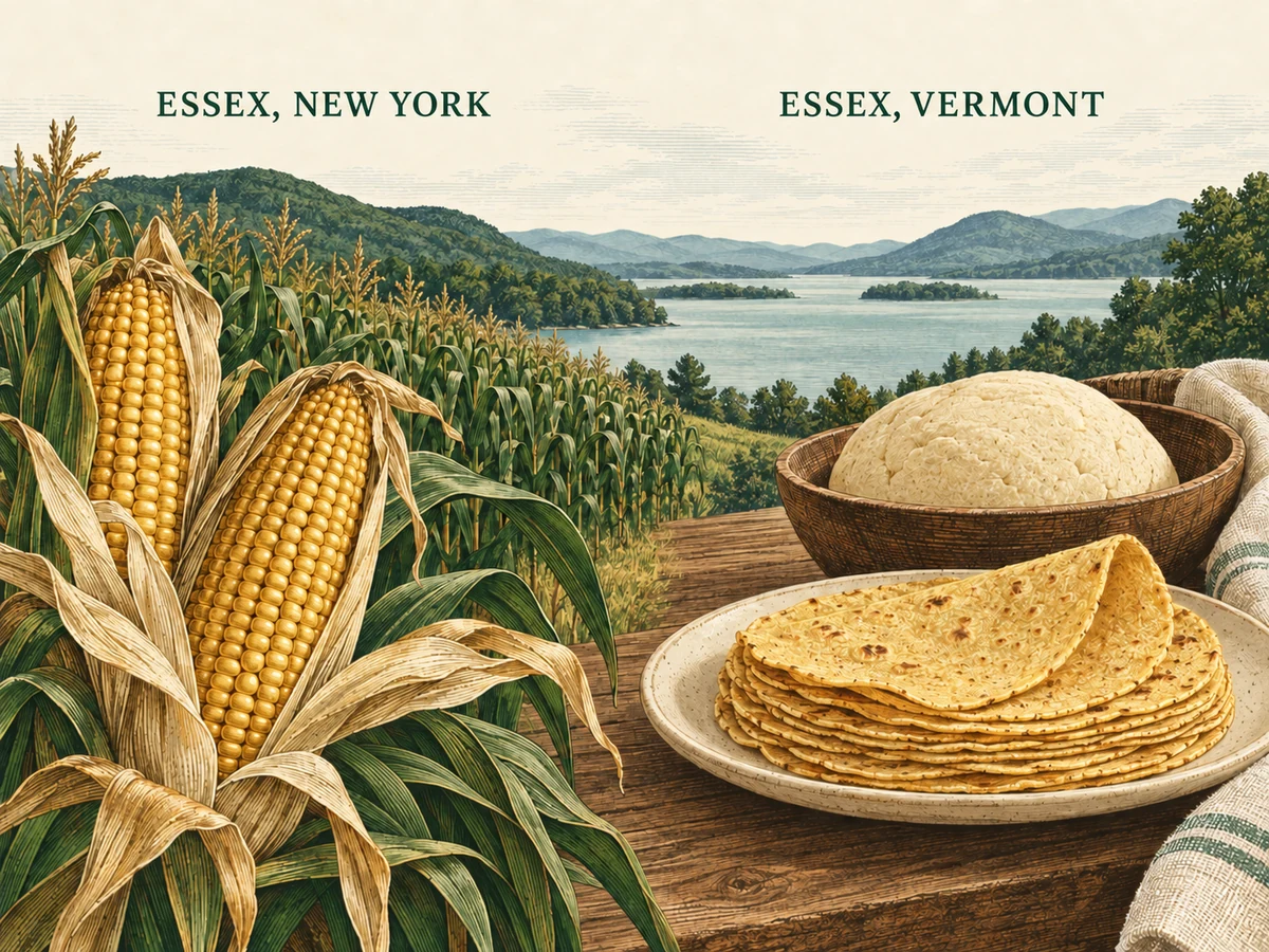 Original illustration labeled Essex, New York and Essex, Vermont, with corn growing beside a lake and fresh masa and tortillas on a table.