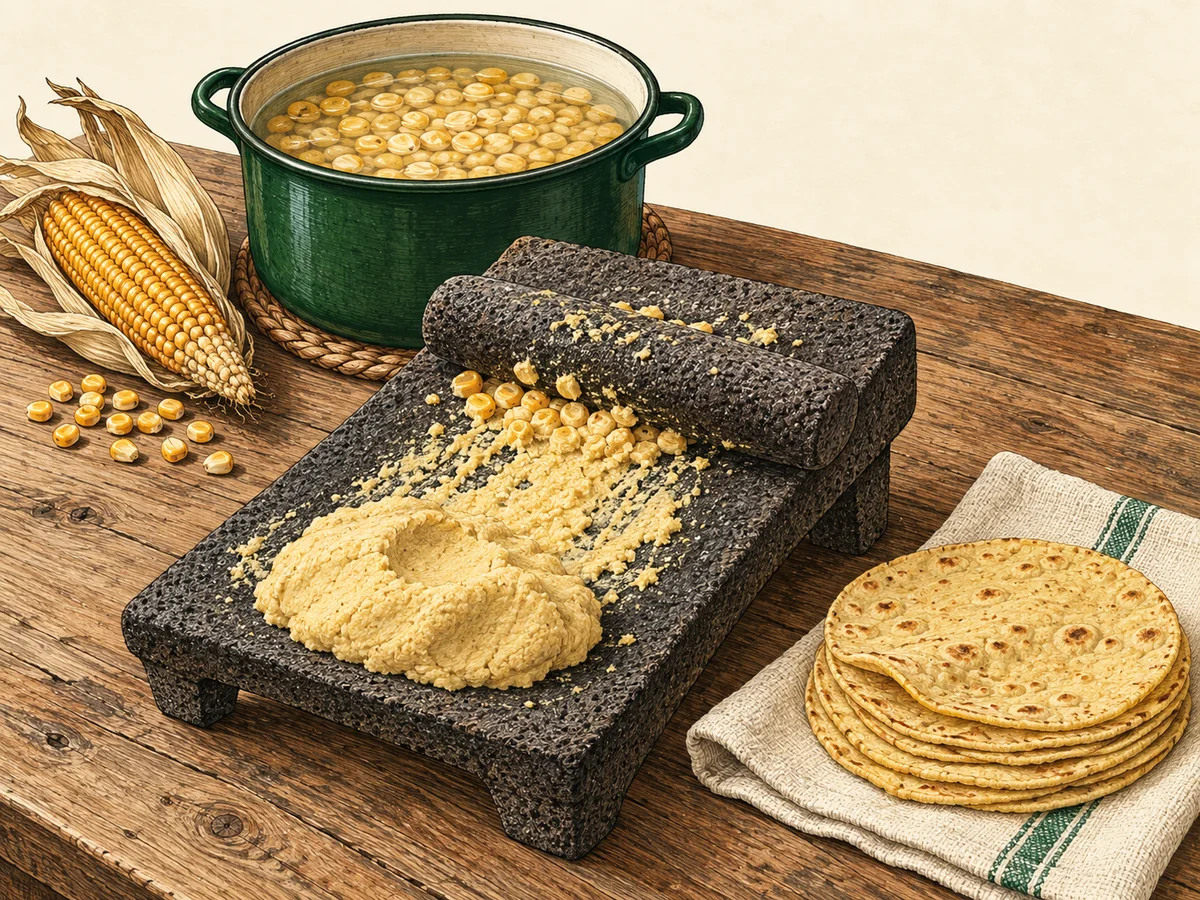 Illustration of whole corn, kernels steeping in a green pot, masa on a stone grinding slab, and a stack of corn tortillas.