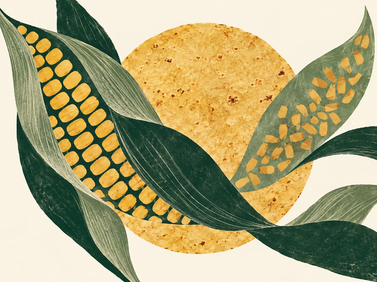 Abstract collage of green corn-husk shapes and golden kernel patterns overlapping a textured gold circle suggesting a tortilla.