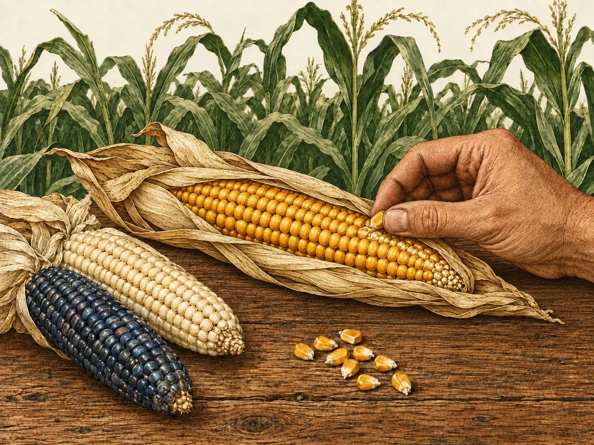 Illustration of a hand picking a kernel from a golden ear resting on a wooden table, beside white and blue ears, with corn plants behind them.