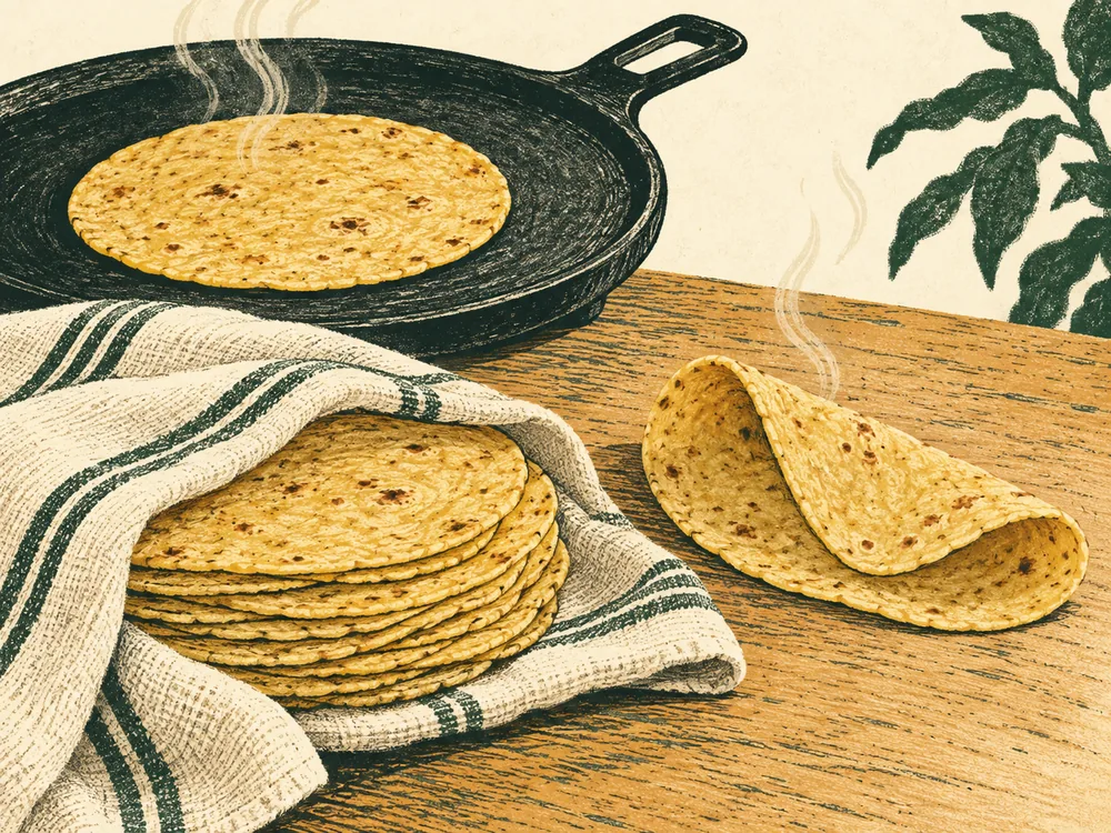 Green-and-gold illustration of a corn tortilla warming in a skillet, a stack tucked beneath a striped towel, and a softly folded tortilla.