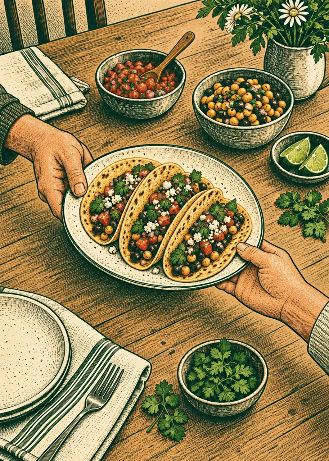 Engraved illustration of two people passing a plate of three corn tortilla tacos across a table set for a shared meal.