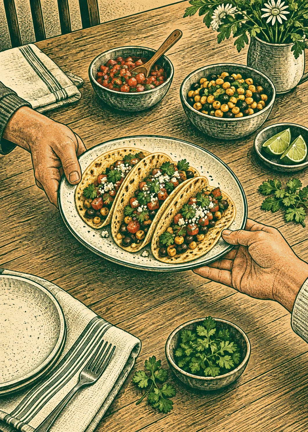 Engraved illustration of two people passing a plate of three corn tortilla tacos across a table set for a shared meal.