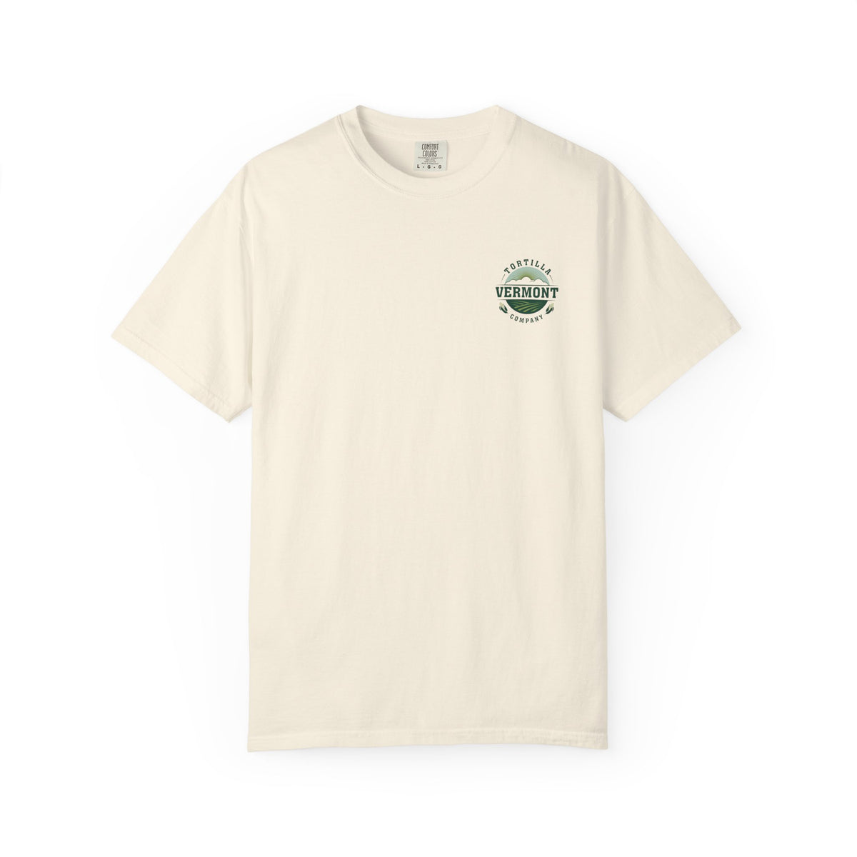 Ivory Classic Emblem Chest Print T-shirt, front with the small Vermont Tortilla Company Classic Emblem printed on the left chest