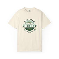 Ivory Classic Emblem T-shirt, front with the centered Vermont Tortilla Company emblem featuring the sun, fields, and two ears of corn