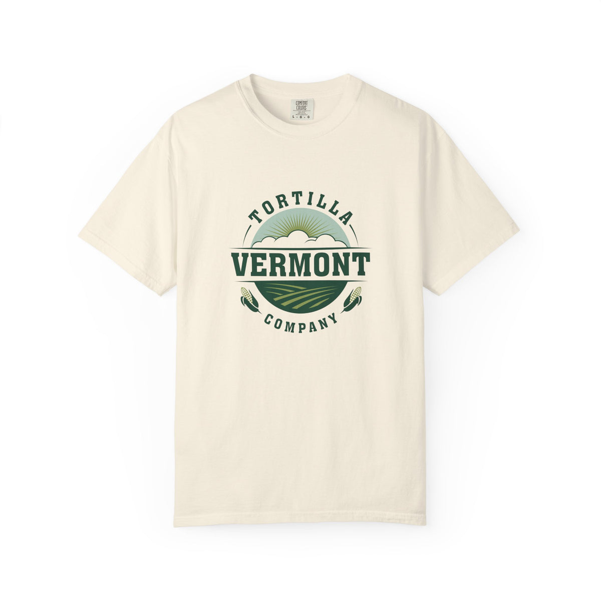 Ivory Classic Emblem T-shirt, front with the centered Vermont Tortilla Company emblem featuring the sun, fields, and two ears of corn