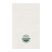 Classic Emblem white cotton twill tortilla towel, front view with the green-and-sage Vermont Tortilla Company emblem toward the lower end