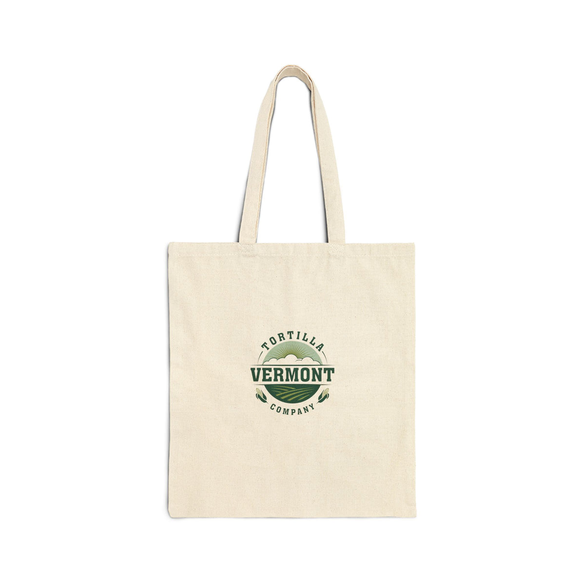 Classic Emblem natural cotton canvas tote with the Vermont Tortilla Company emblem in forest green, sage, and olive, front view