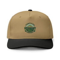 Khaki / Black Classic Emblem two-tone cotton cap with the Vermont Tortilla Company sun, fields, and corn emblem printed in muted greens on the front, front view