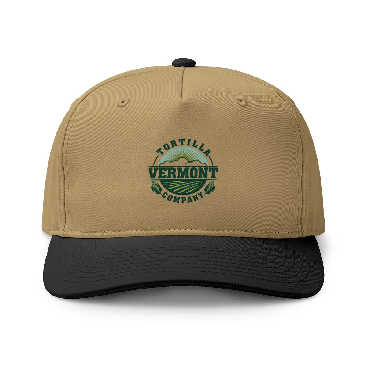 Khaki / Black Classic Emblem two-tone cotton cap with the Vermont Tortilla Company sun, fields, and corn emblem printed in muted greens on the front, front view