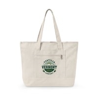 Natural Classic Emblem zippered canvas tote with the Vermont Tortilla Company emblem in forest green, sage, and olive on the front pocket, with matching natural handles and base