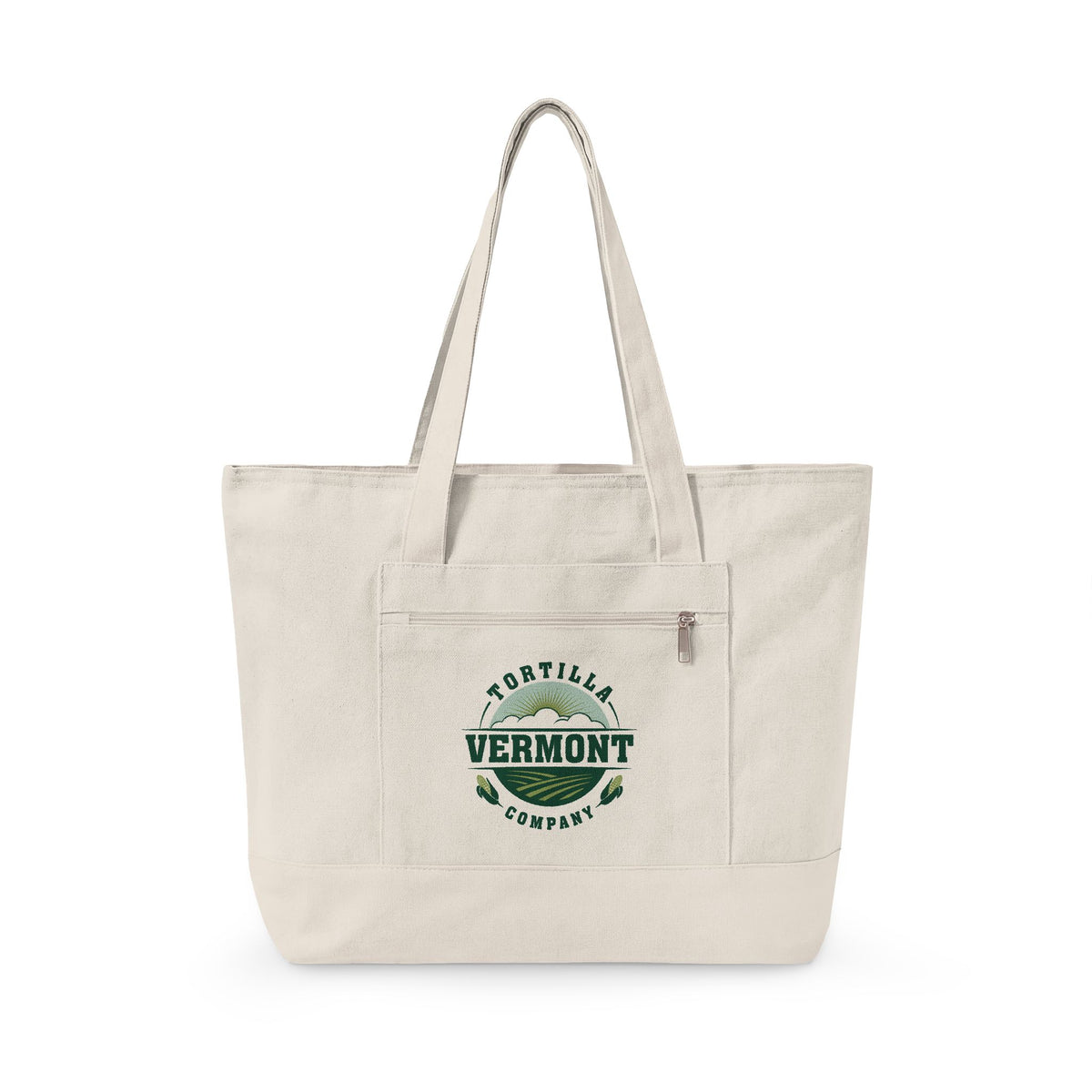 Natural Classic Emblem zippered canvas tote with the Vermont Tortilla Company emblem in forest green, sage, and olive on the front pocket, with matching natural handles and base, front view