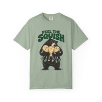 Bay Feel the Squish T-shirt, front with Feel the Squish lettering above a bear hugging three tortilla characters