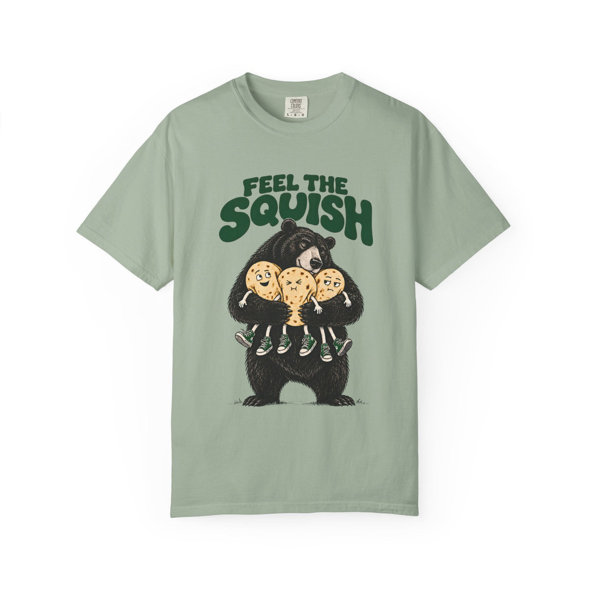 Bay Feel the Squish T-shirt, front with Feel the Squish lettering above a bear hugging three tortilla characters