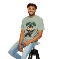 Bay Feel the Squish T-shirt, front bear-hug design shown on a seated model