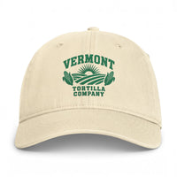 Ivory Fields & Sun Comfort Colors washed-cotton cap with green Vermont Tortilla Company fields, sunrise, and two ears of corn embroidered on the front, front view
