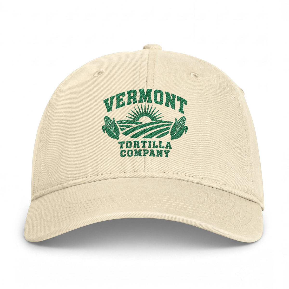 Ivory Fields & Sun Comfort Colors washed-cotton cap with green Vermont Tortilla Company fields, sunrise, and two ears of corn embroidered on the front, front view