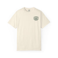 Ivory Fields & Sun Chest Print T-shirt, front with the small Vermont Tortilla Company Fields & Sun design printed on the left chest