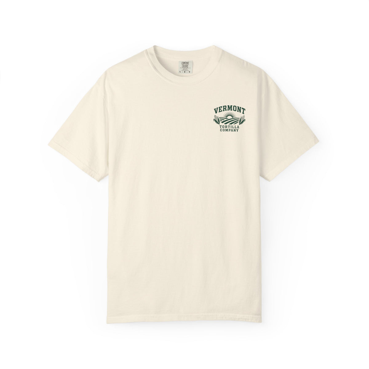 Ivory Fields & Sun Chest Print T-shirt, front with the small Vermont Tortilla Company Fields & Sun design printed on the left chest