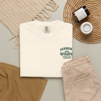 Ivory Fields & Sun Chest Print T-shirt, folded shirt with its small chest print, styled with casual clothing and accessories