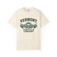 Ivory Fields & Sun Full-Front T-shirt, front with Vermont lettering above the sun, fields, and two ears of corn, and Tortilla Company lettering below