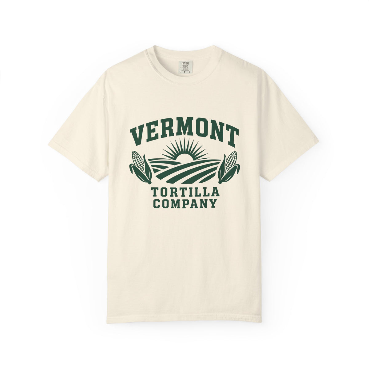 Ivory Fields & Sun Full-Front T-shirt, front with Vermont lettering above the sun, fields, and two ears of corn, and Tortilla Company lettering below